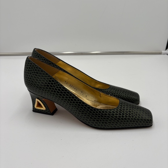 Vintage Timothy Hitsman Snakeskin Green Leather Gold Heel Square Toe Size 7.5 N - Picture 2 of 7